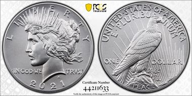 2021 $1 Peace Dollar 100th Anniversary MS70
