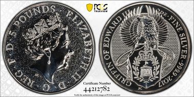2017 £5 Griffin of Edward III Queen's Beasts 2oz Ag MS67