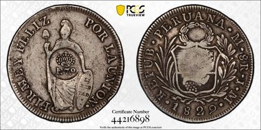 (1832-34) 8 R KM-83 C/M on Peru 8R XF40