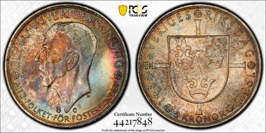 1935-G 5 Kr 500th Anniv. Riksdag KM-806 Ag MS65+