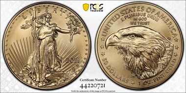 2021-W $50 Burnished Gold Eagle - Type 2 First Strike SP70