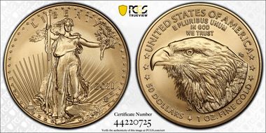 2021-W $50 Burnished Gold Eagle - Type 2 First Strike SP70