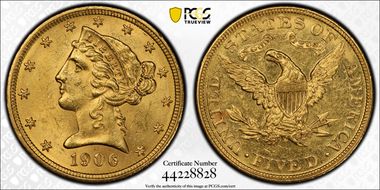 1906 $5 MS62