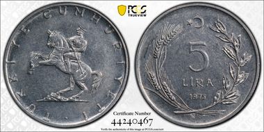 1975 5 Lira Stainless Steel AU58