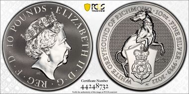 2022 £10 White Greyhound of Richmond Queen's Beasts 10 oz Ag First Strike MS69