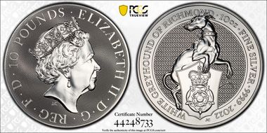 2022 £10 White Greyhound of Richmond Queen's Beasts 10 oz Ag First Strike MS68