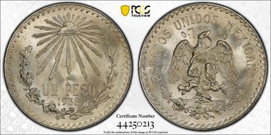 1938-M Peso KM-455  Ag MS65