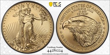 2021-W $50 Burnished Gold Eagle - Type 2 First Strike SP70