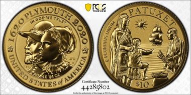 2020-W $10 Mayflower 400th Anniversary Reverse Proof PR70