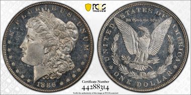 1886 $1 VAM 1C 3+2 Clashed Rev MS64DMPL