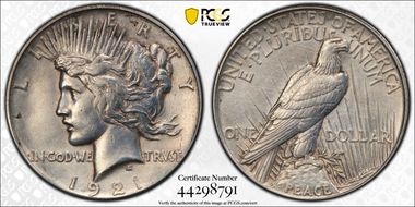 1921 $1 High Relief, Peace N1