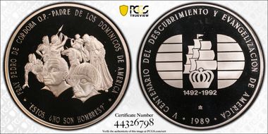 1989 5 oz America Discovery 500th Ann. Pedro de Córdoba Ag PR69DCAM