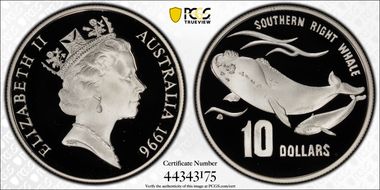 1996 $10 Southern Right Whale PR69DCAM