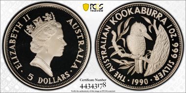 1990-P $5 Kookaburra Ag PR69DCAM