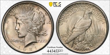 1921 $1 High Relief, Peace MS63