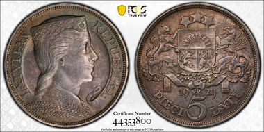 1929 5 Lat KM-9  Ag AU58