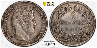 1831-B 5 Fr Gad-677a Tête laurée N1