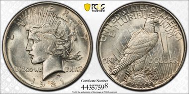 1921 $1 High Relief, Peace MS62