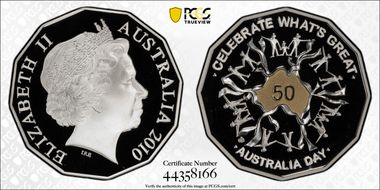 2010 50C Australia Day Ag Selective Gilt PR69DCAM