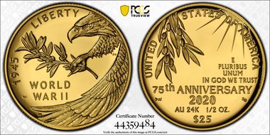 2020-W $25 End of World War II 75th Anniv.  First Strike PR69DCAM