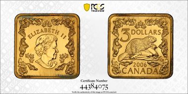 2006 $3 Square Beaver Gold Plated Silver SP69