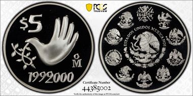 1999-2000-Mo 5 Peso Millennium Series Hand of Peace PR70DCAM