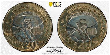 "2019" (2021)Mo 20 Peso Emiliano Zapata Salazar Struck with Two Rev Dies MS64