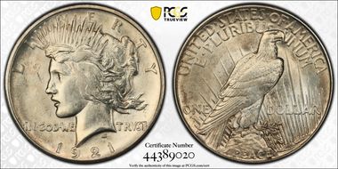 1921 $1 High Relief, Peace AU58