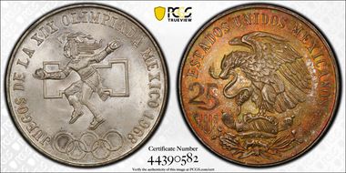 1968-Mo 25 Peso Olympic KM-479.1 Rings Align, Straight Tongue MS65