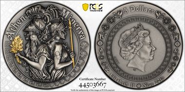 2019 $5 Athena and Minerva Antique Finish MS70