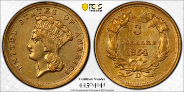1854-D $3 AU55