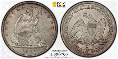 1842-O 50C Medium Date, Rev 1842 AU58