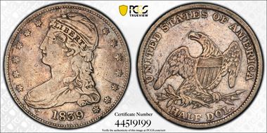 1839 50C Capped Bust N1