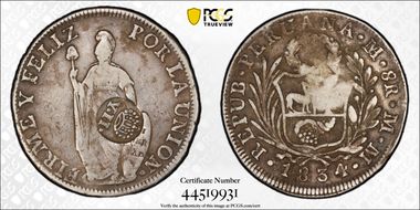 (1834-37) 8 R KM-138.2 C/M on Peru 8R VF25