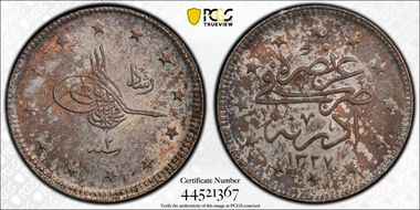 AH1327//2 (1910) 2 Kur KM-790 Visit to Edirne MS64