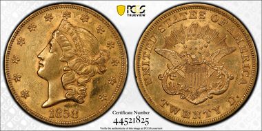 1858 $20 AU58