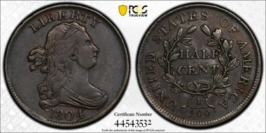 1804 1/2C Plain 4, No Stems AU50BN