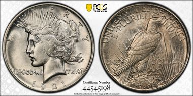 1921 $1 High Relief, Peace AU58
