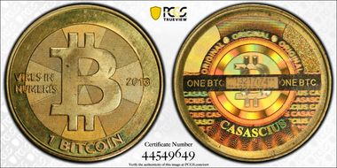 2013 1 BTC Casascius Bitcoin, Brass MS65