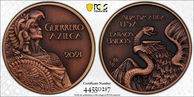 2021-LR Medal Guerrero Azteca Cu Antique Finish MS70