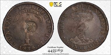 (1834-37) 8 R KM-108 C/M on Chile Peso AU50