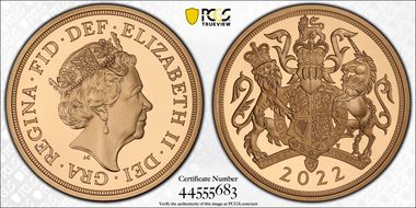 2022 £5 Platinum Jubilee Au The Sovereign First Strike PR70DCAM