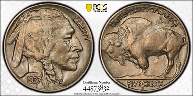 1937-D 5C 3 Legs AU55