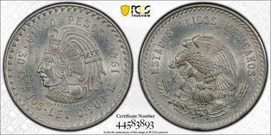 1948-Mo 5 Peso Cuauhtemoc KM-465  Ag N1
