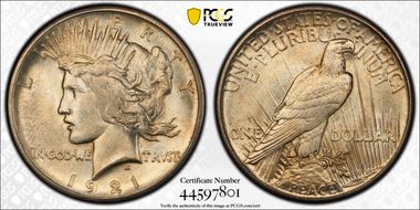 1921 $1 High Relief, Peace MS64