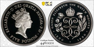 1990 £5 S-L1 Queen Mother Ag PR69DCAM