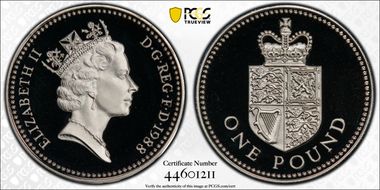 1988 £1 S-J6 Royal Shield Ag Pft PR69DCAM
