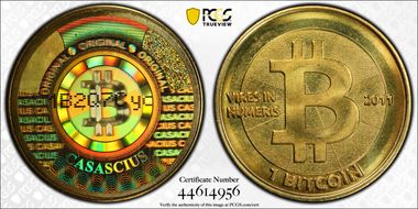 2011 1 BTC Casascius Bitcoin, Brass MS67