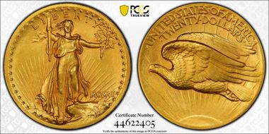 1907 $20 High Relief, Wire Edge MS63