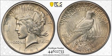 1921 $1 High Relief, Peace AU58